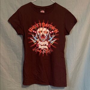 Ladies Harley-Davidson Black Tee with Orange and Blue Graphics (front and back)